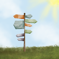 Sign post in grass with signs pointing in different directions with a blue sky and sun.