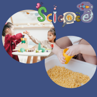 Blue square with one photo of two children playing blocks and another child scooping dried pasta. Text says Science in different shaped letters