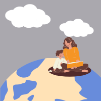 gray square with illustration of a mother and child reading together on top of a globe